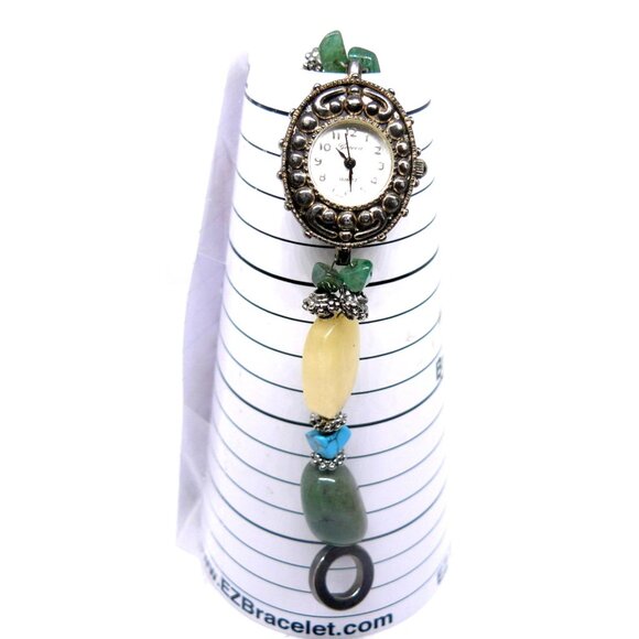 Handcrafted Geneva Quartz Watch Bracelet Gemstone Accents Ornate Metal Bezel Vtg - Picture 2 of 4